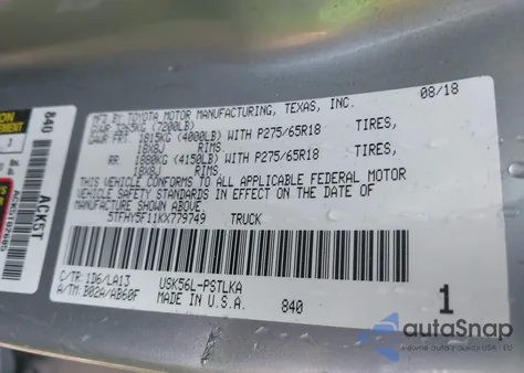 2019 Toyota Tundra Limited 5.7L V8 from USA, damaged, VIN 5TFHY5F11KX779749